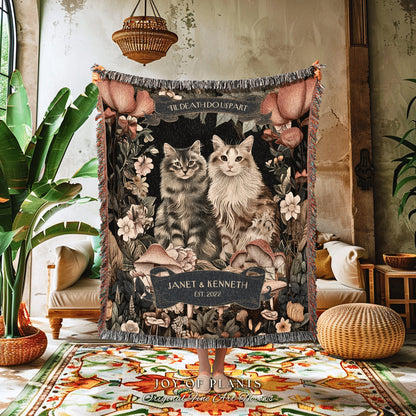 Cat Lover Personalized Woven Tapestry | Victorian Aesthetic Woven Blanket Custom His & Hers Gift for Goths Dark Academia Wedding Tapestry |