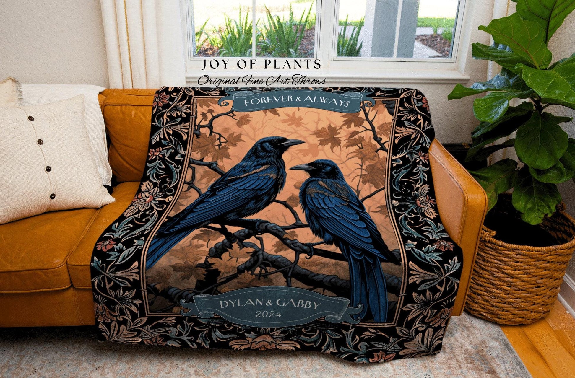 Wedding Keepsake Blanket Personalized Names | Woodland Aesthetic Woven Throw Custom Dating Anniversary 'Til Death do us Part' Crow Tapestry