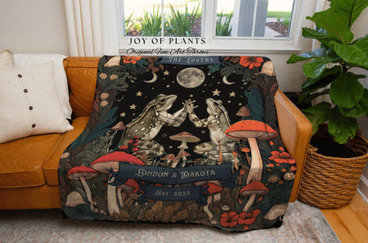 Celestial Frog Lovers Starry Night Blanket Mystic Folklore Mushroom Cottagecore Toad Couples Wedding Tapestry Woven Throw Anniversary Gift