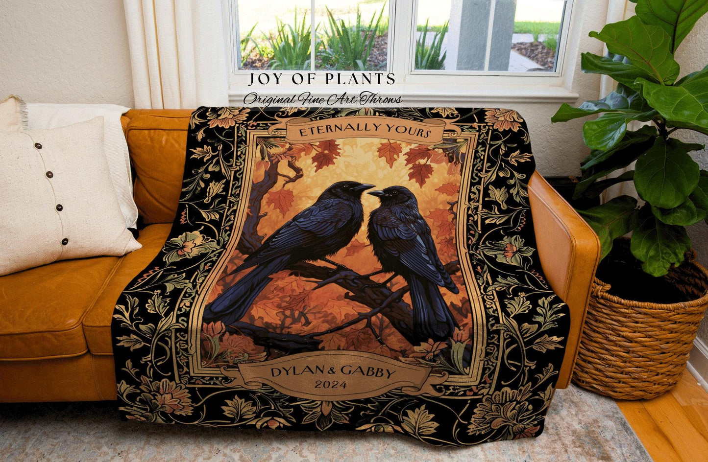 Dark Academia Raven Couple Tapestry Custom Names | Crowcore Aesthetic Woven Throw Custom Dating Anniversary 'Eternally Yours' Crow Lover