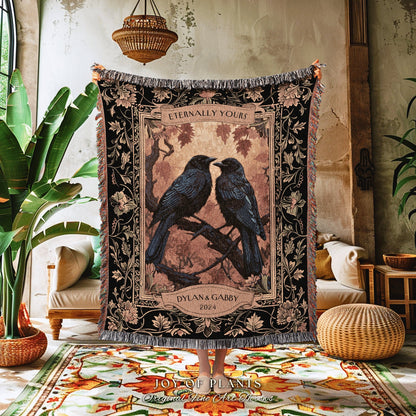 Dark Academia Raven Couple Tapestry Custom Names | Crowcore Aesthetic Woven Throw Custom Dating Anniversary 'Eternally Yours' Crow Lover