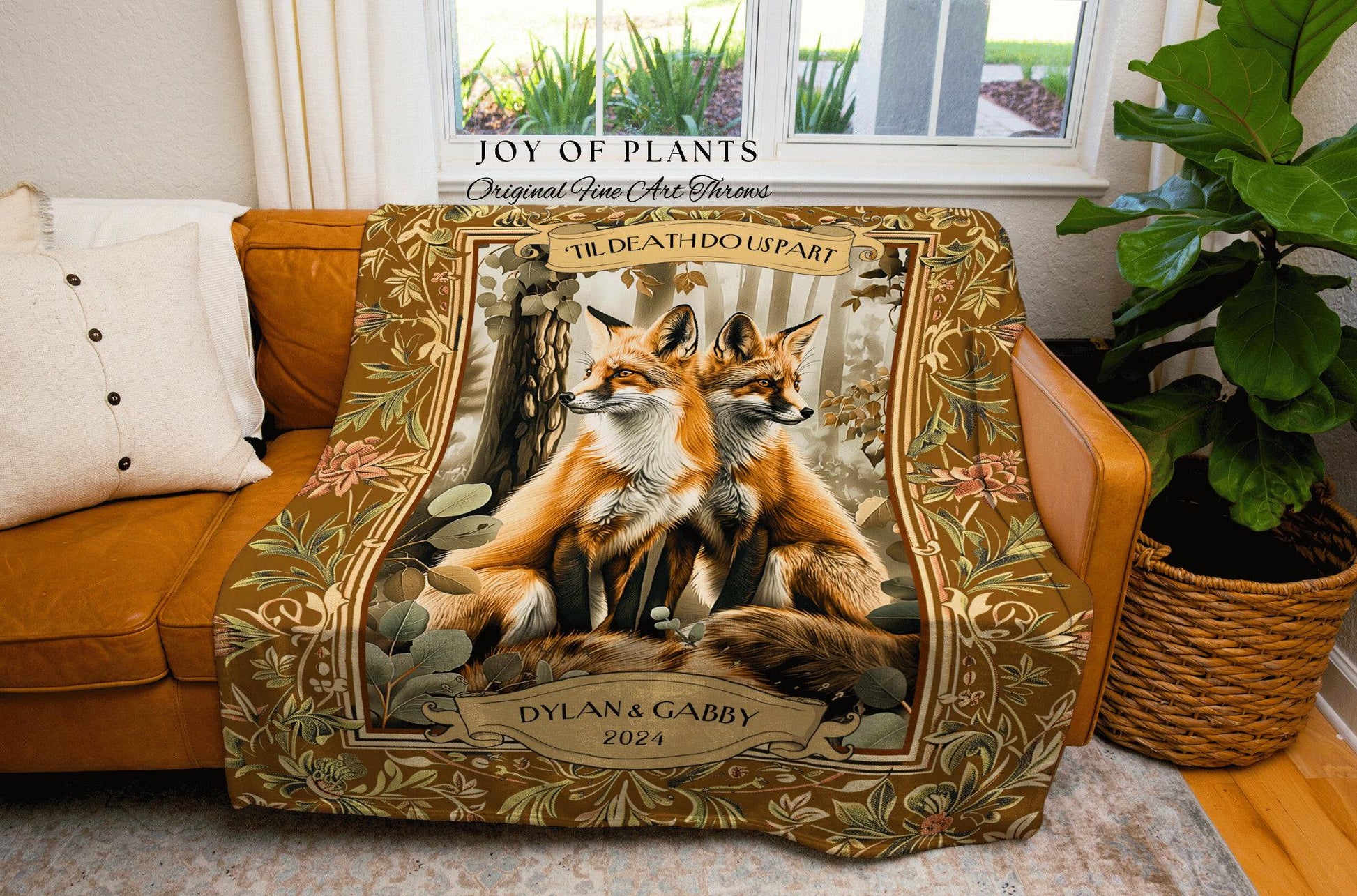 Woodland Fox Lovers Wedding Tapestry Blanket | Fairycore Aesthetic Whimsical Folklore Marriage Keepsake Cottagecore Dating Gift Custom |