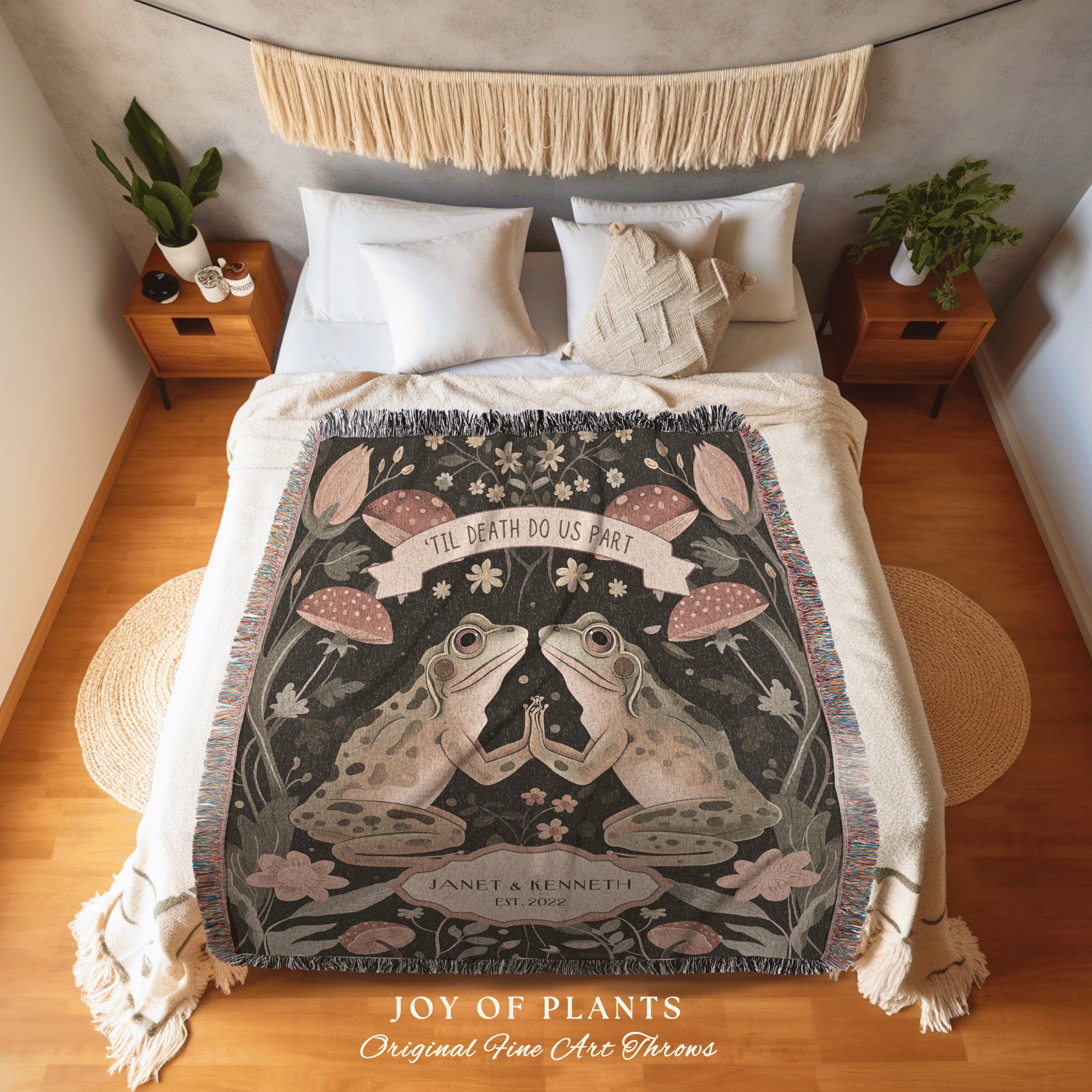 Engagement Blanket for Frog Lovers Woodland Cottagecore Mushroom Forestcore Woven Tapestry Throw Custom Wedding Anniversary Until we Croak