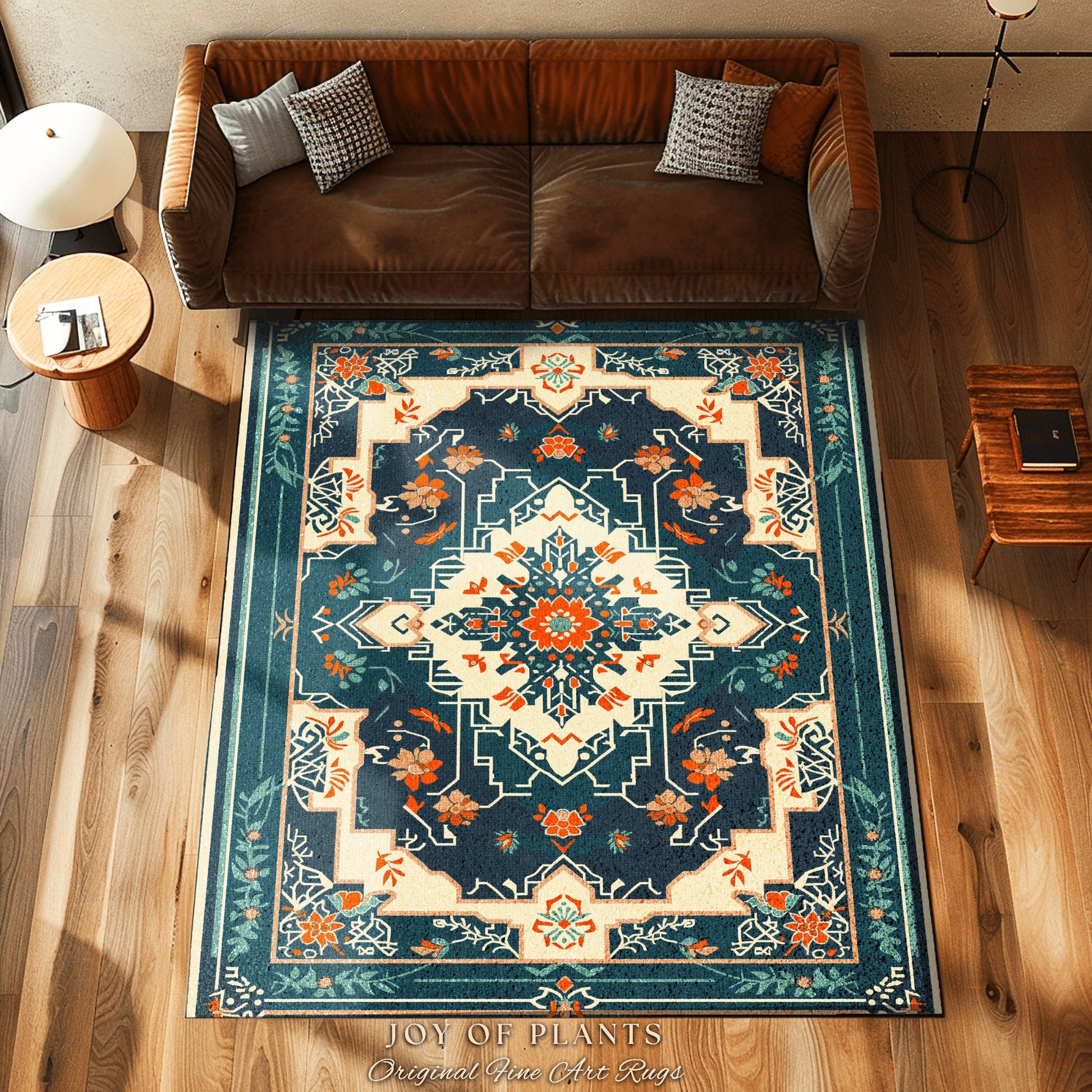 Teal and Orange Ornate Area Rug | Bohemian Room Decor Hippie Aesthetic Multicolor Floor Rug Playful Bedroom Accent Rug Nordic Pastel Style |