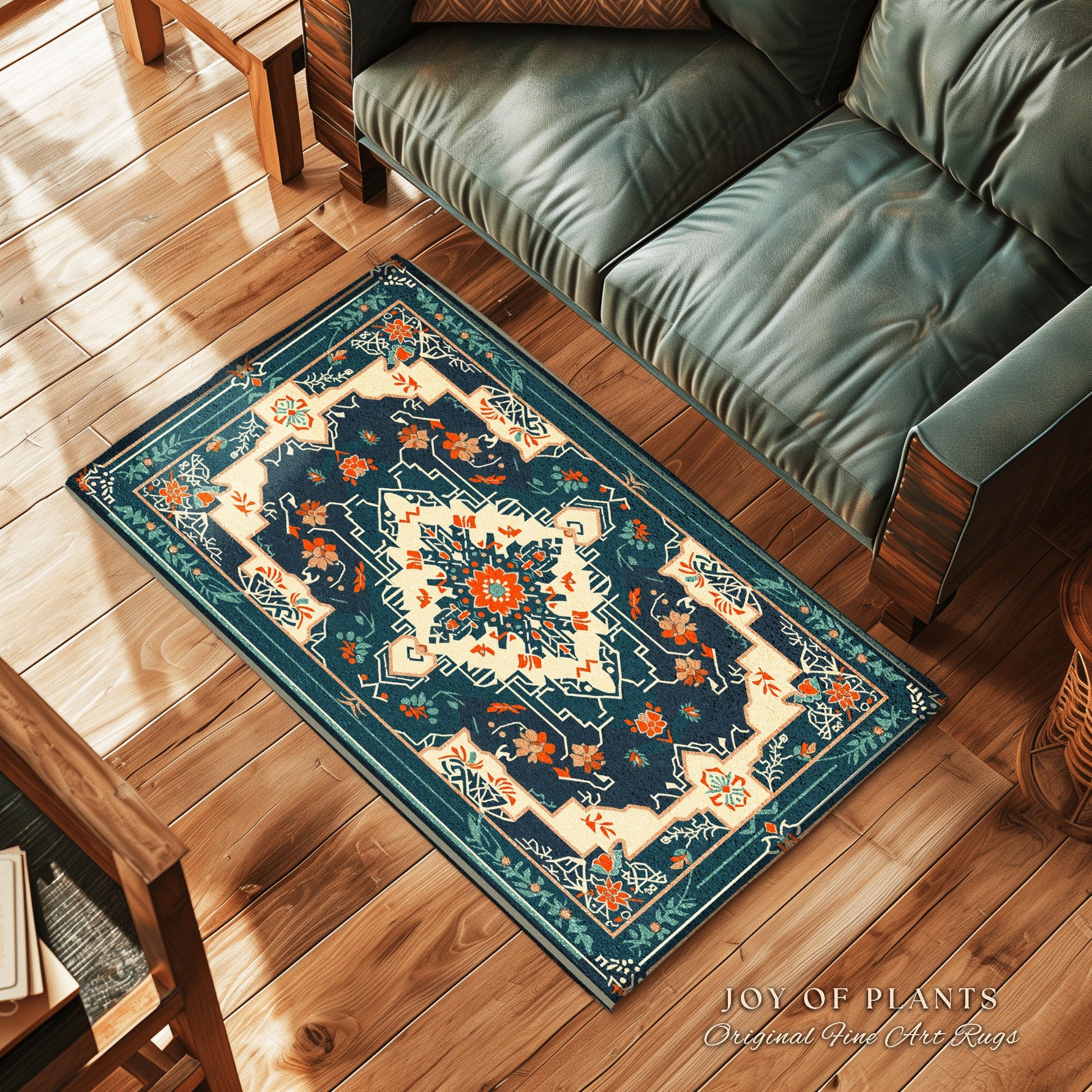 Teal and Orange Ornate Area Rug | Bohemian Room Decor Hippie Aesthetic Multicolor Floor Rug Playful Bedroom Accent Rug Nordic Pastel Style |