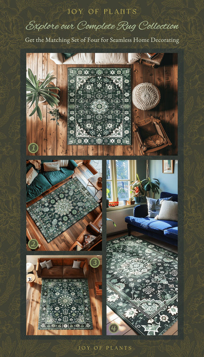 Elegant Emerald Green Art Nouveau Living Room Rug | Boho Room Decor Dark Cottagecore Whimsical Botanical Victorian Gothic Woodland Aesthetic