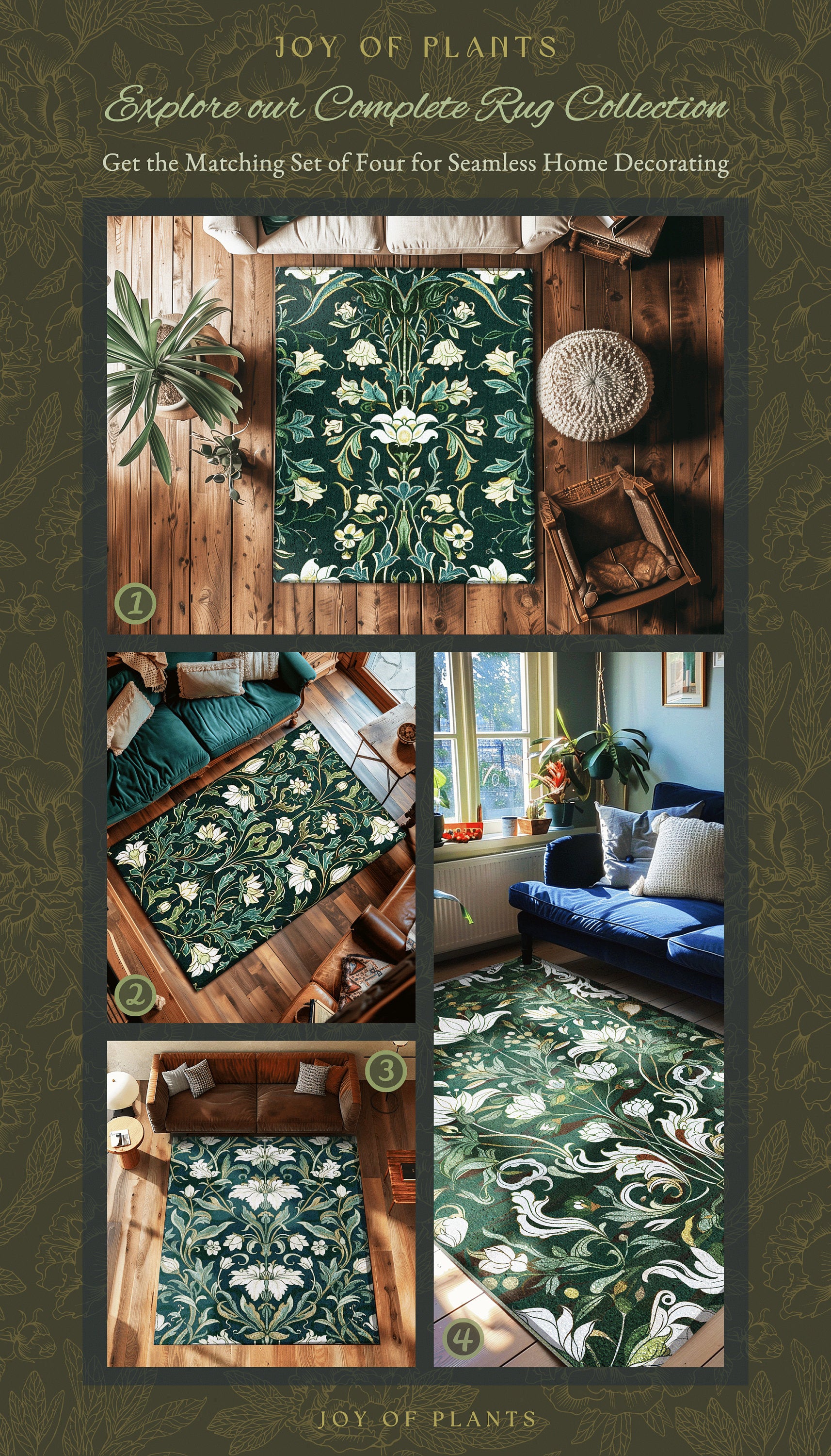 Emerald Green Floral Botanical Rug Art Nouveau Decor | Whimsical Cottagecore Aesthetic Vintage William Morris Design Cottagegoth Fairycore