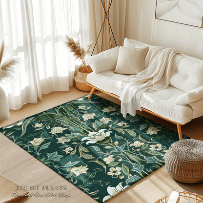 Soft Floral Dark Teal Accent Rug | Boho Botanical Cottagecore Bedroom Decor Jade Green Vintage Fairycore Whimsical Bedroom Elegant Aesthetic
