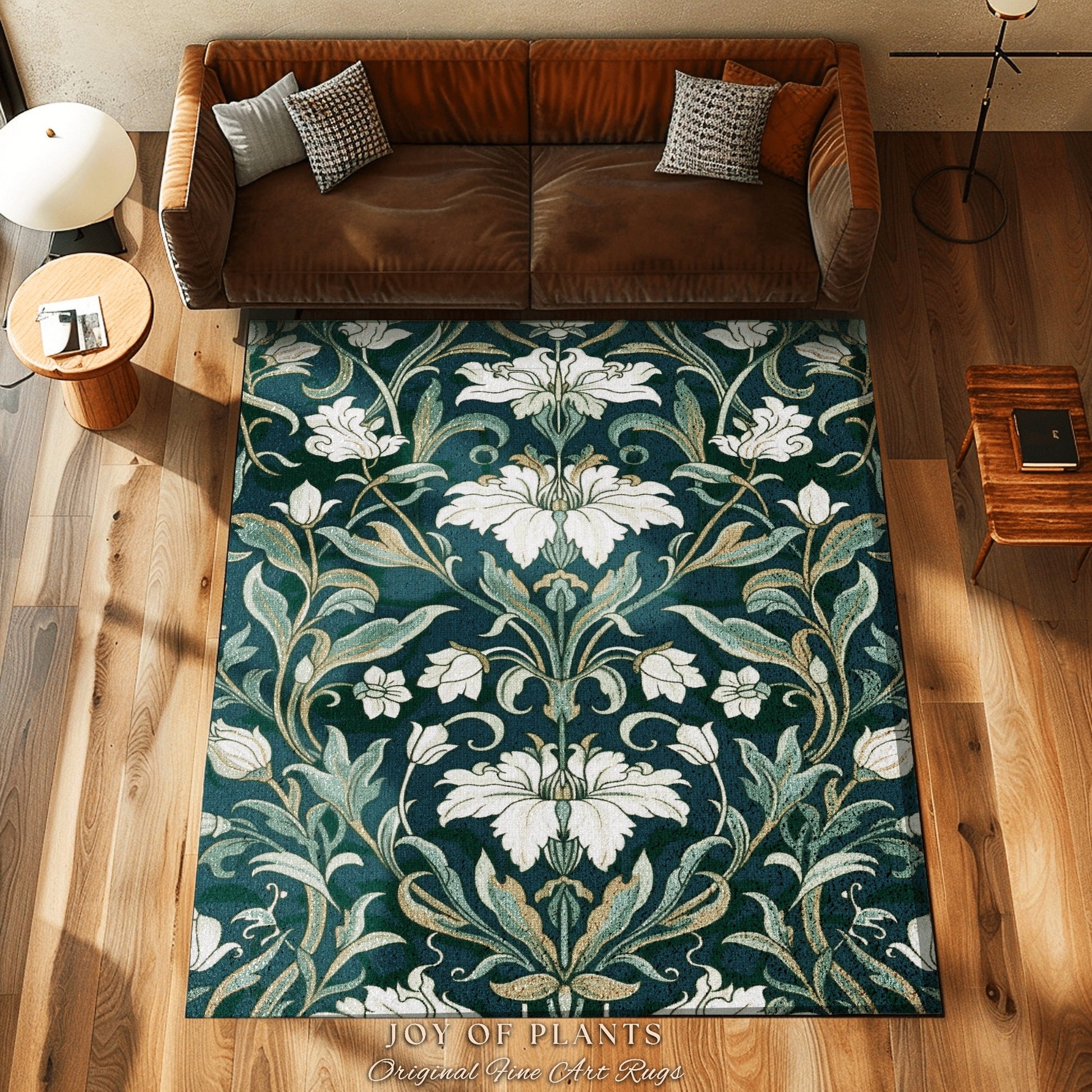 Botanical Teal Accent Rug | Elegant Room Decor Floral Aesthetic Blue Green Floor Rug Playful Green Bedroom Accent Nordic Pastel Cottagecore