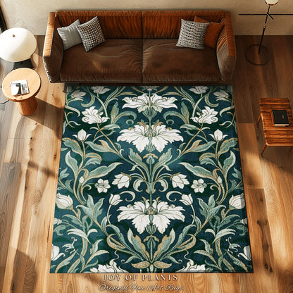 Botanical Teal Accent Rug | Elegant Room Decor Floral Aesthetic Blue Green Floor Rug Playful Green Bedroom Accent Nordic Pastel Cottagecore