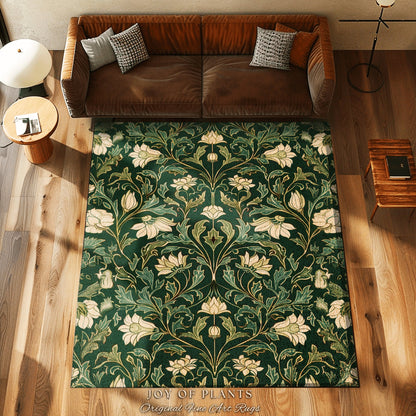 Victorian Gothic Floral Forest Green Rug Dark Botanical Art Nouveau Decor | Whimsical Room Vintage Cottagecore Woodland Fairycore Area Rug