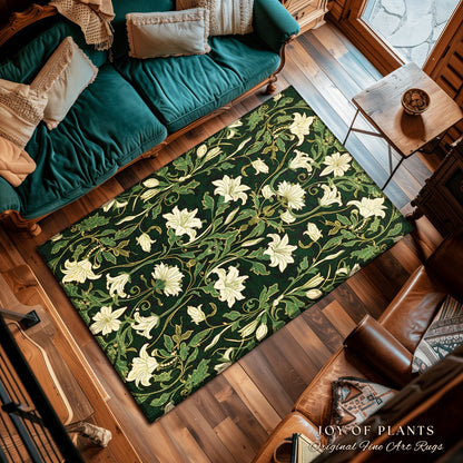 Maximalist Bedroom Rug Botanical | Elegant Room Decor Floral Aesthetic Forest Green Floor Rug Playful Room Accent Nordic Pastel Cottagecore