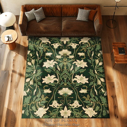 Maximalist Bedroom Rug Botanical | Elegant Room Decor Floral Aesthetic Forest Green Floor Rug Playful Room Accent Nordic Pastel Cottagecore