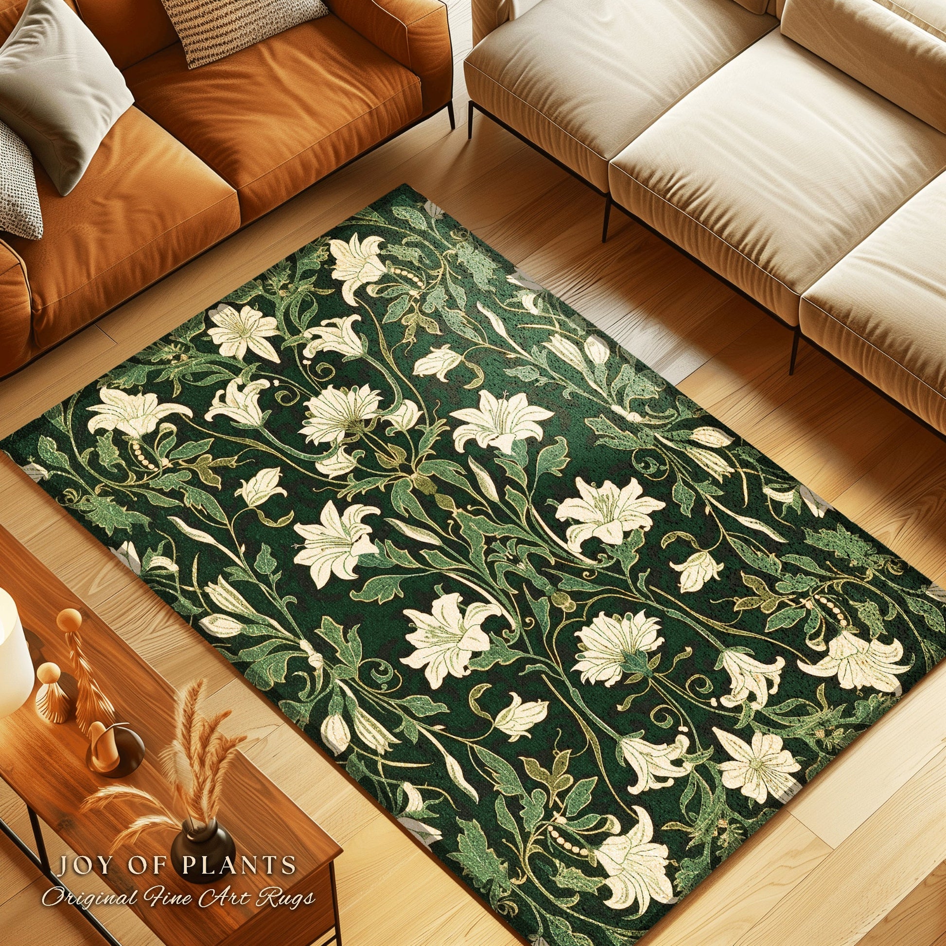 Maximalist Bedroom Rug Botanical | Elegant Room Decor Floral Aesthetic Forest Green Floor Rug Playful Room Accent Nordic Pastel Cottagecore