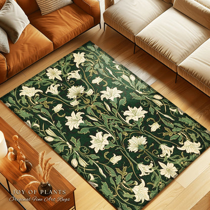 Maximalist Bedroom Rug Botanical | Elegant Room Decor Floral Aesthetic Forest Green Floor Rug Playful Room Accent Nordic Pastel Cottagecore