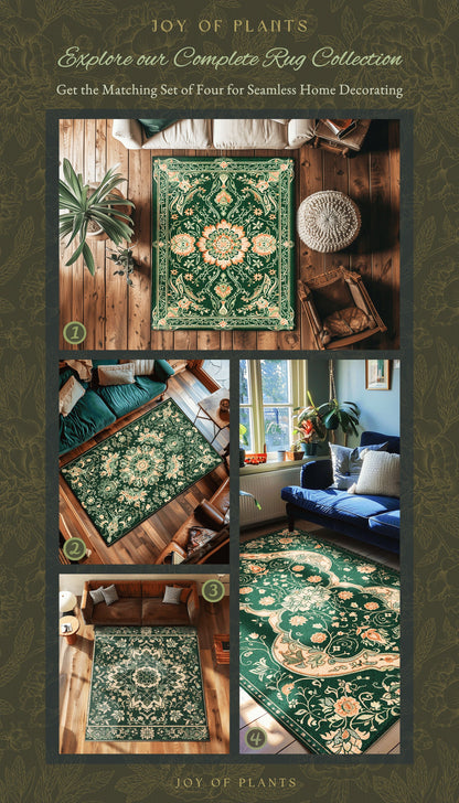 Statement Rug for Living Room | Emerald Green Aesthetic Maximalist Room Decor Classic Ornate Victorian Rug Nordic Accent for Elegant Bedroom