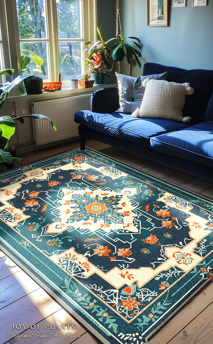 Teal and Orange Ornate Area Rug | Bohemian Room Decor Hippie Aesthetic Multicolor Floor Rug Playful Bedroom Accent Rug Nordic Pastel Style |