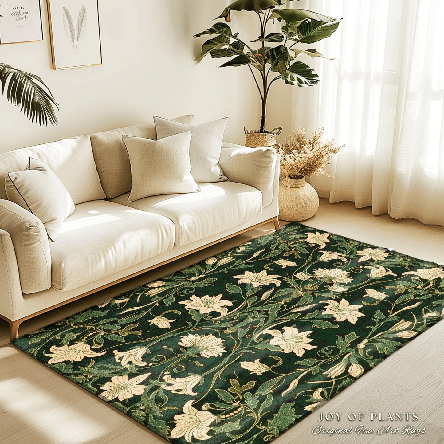 Maximalist Bedroom Rug Botanical | Elegant Room Decor Floral Aesthetic Forest Green Floor Rug Playful Room Accent Nordic Pastel Cottagecore