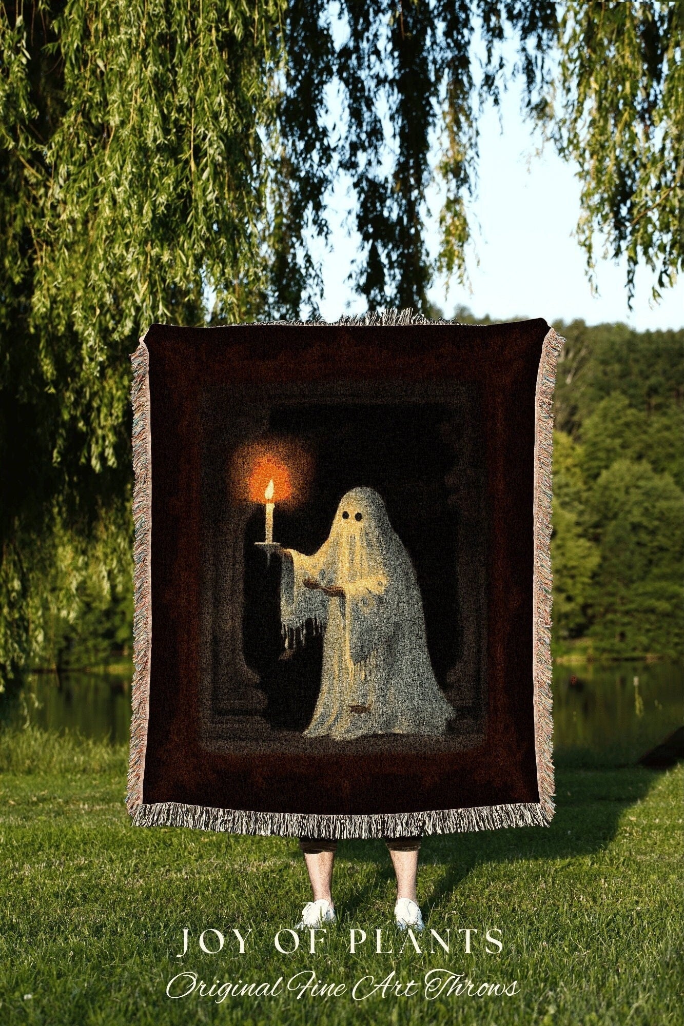 Spooky Candlelit Ghost Painting Gothic Tapestry Woven Blanket | Spooky Cute Ghost Art Whimsigoth Home Decor Macabre Halloween Aesthetic Art