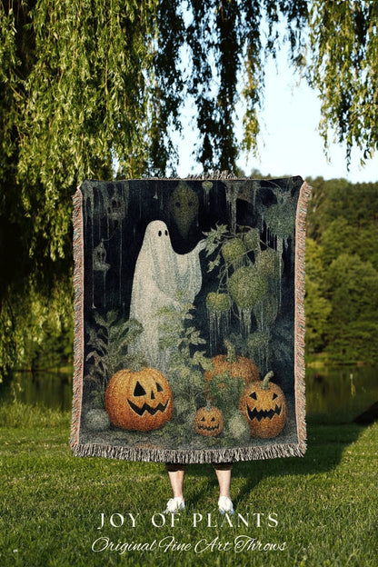 Ghost Gardening Blanket Woven Throw | Haunted Greenhouse Plant Lovers Spooky Ghost Tapestry Gift for Gardeners Cottagecore Home Decor |