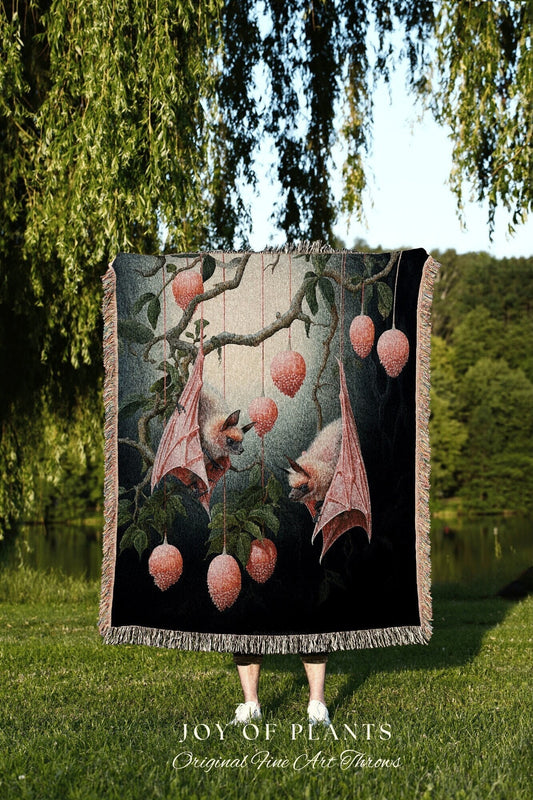 Pastel Pink Cottagecore Bat Blanket | Whimsical Dark Academia Decor Gothic Bat Tapestry Woven | Whimsigothic Tapestry Woven Throw Blanket |