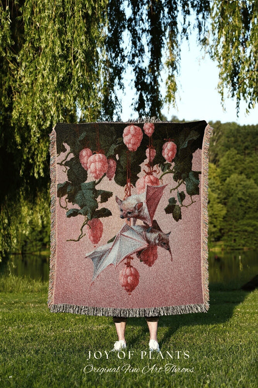 Raspberry Bat Blanket Cottagecore | Pastel Pink Dorm Room Decor Gothic Bat Tapestry Woven | Gothic Home Decor Throw Blanket Woven Tapestry |