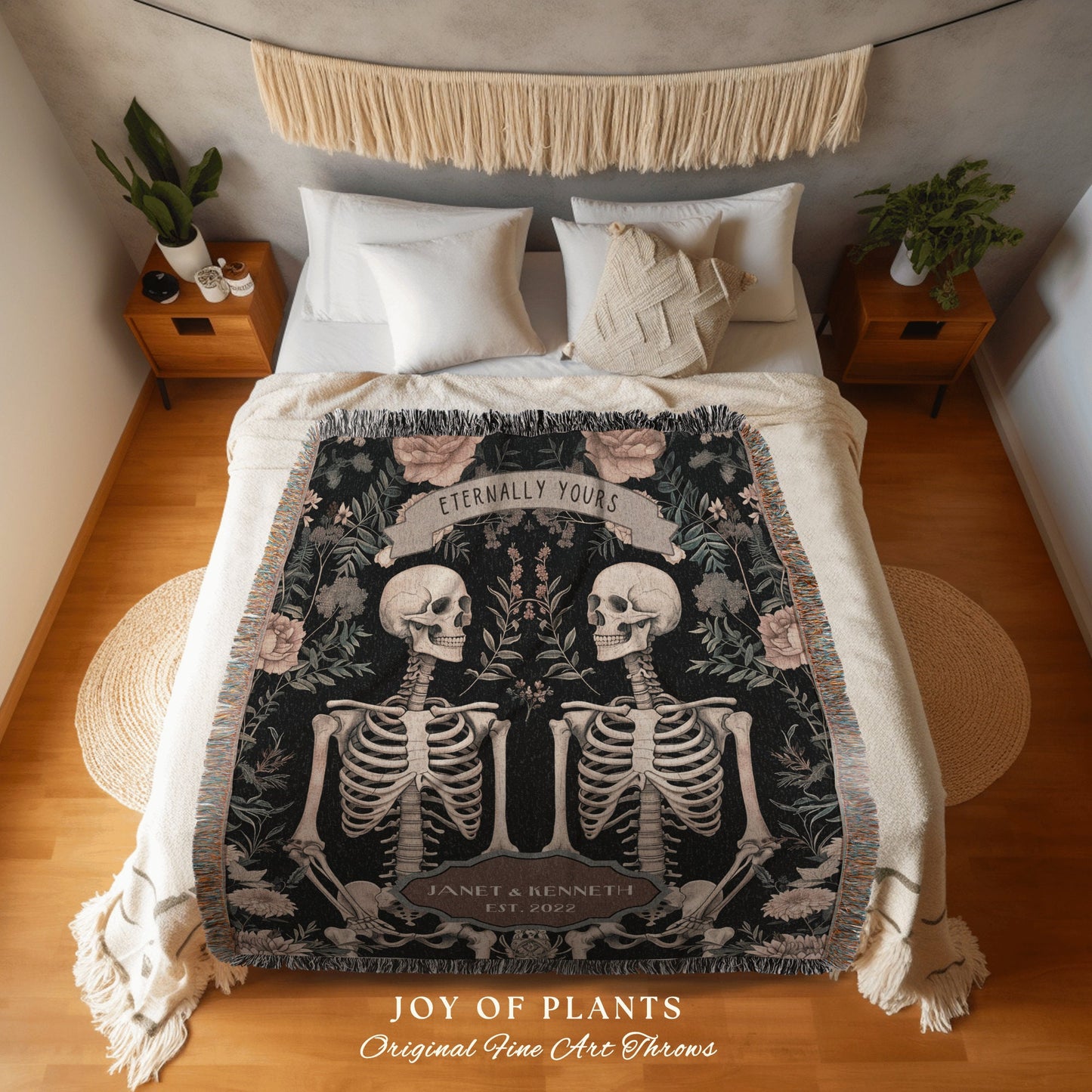 Eternally Yours Skeleton Lover Picnic Blanket | Thoughtful Anniversary Wedding Tapestry Botanical Couple Gift Personalized His & Hers Custom