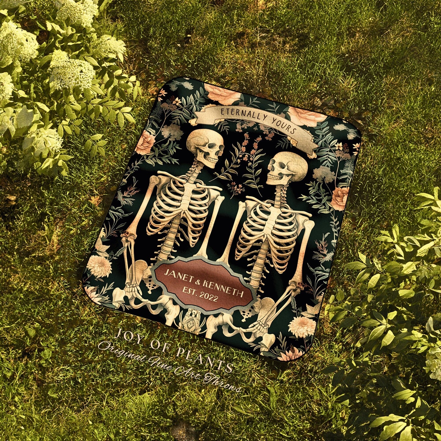 Eternally Yours Skeleton Lover Picnic Blanket | Thoughtful Anniversary Wedding Tapestry Botanical Couple Gift Personalized His & Hers Custom