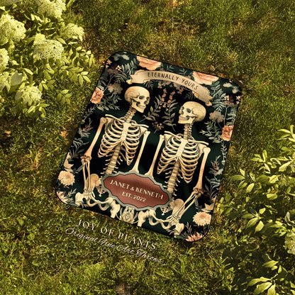 Eternally Yours Skeleton Lover Picnic Blanket | Thoughtful Anniversary Wedding Tapestry Botanical Couple Gift Personalized His & Hers Custom