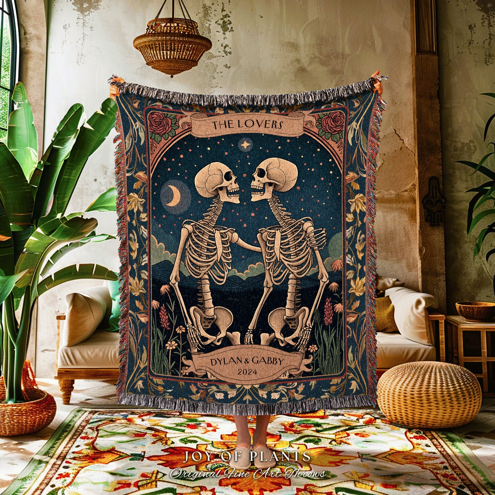 Wedding Keepsake Skeleton Couple Blanket | Meaningful Anniversary Blanket Gothic Skeleton Lover Gift for Boyfriend Personalized Tarot Couple