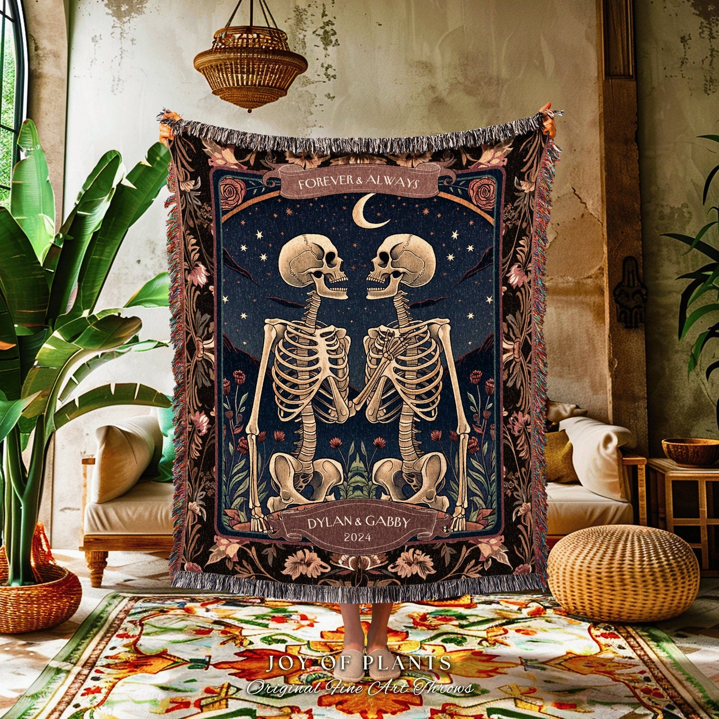 Tarot Skeleton Couple Blanket Personalized | Thoughtful Anniversary Wedding Tapestry Skeleton Lovers Gift for Husband and Wife Throw Custom