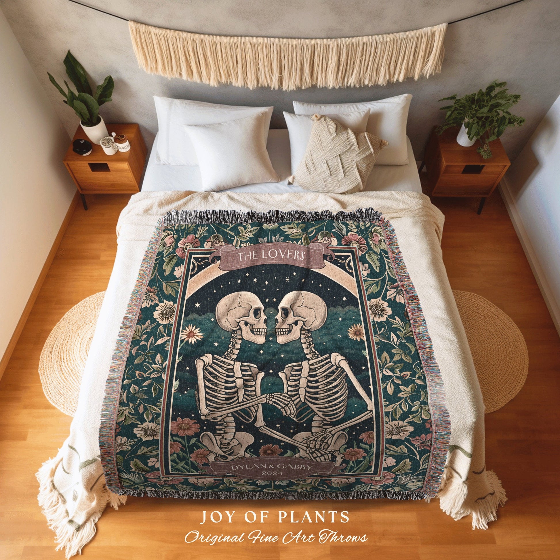 The Lovers Custom Skeleton Couple Tapestry | Dating Anniversary Wedding Blanket Skeleton Lover Tarot Gift for Boyfriend Personalized Couple