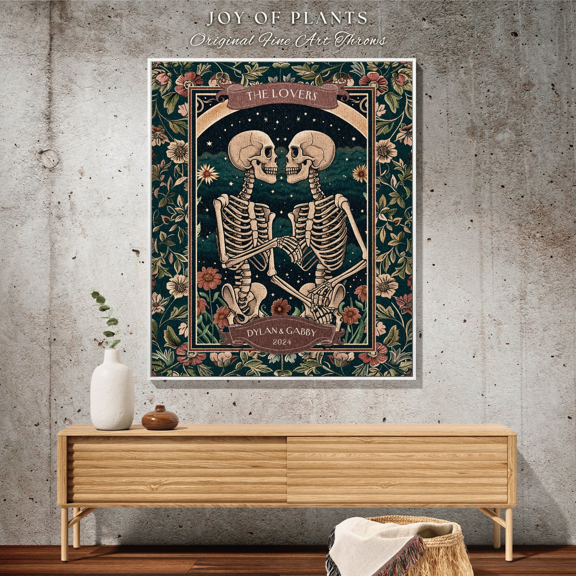 The Lovers Custom Skeleton Couple Tapestry | Dating Anniversary Wedding Blanket Skeleton Lover Tarot Gift for Boyfriend Personalized Couple