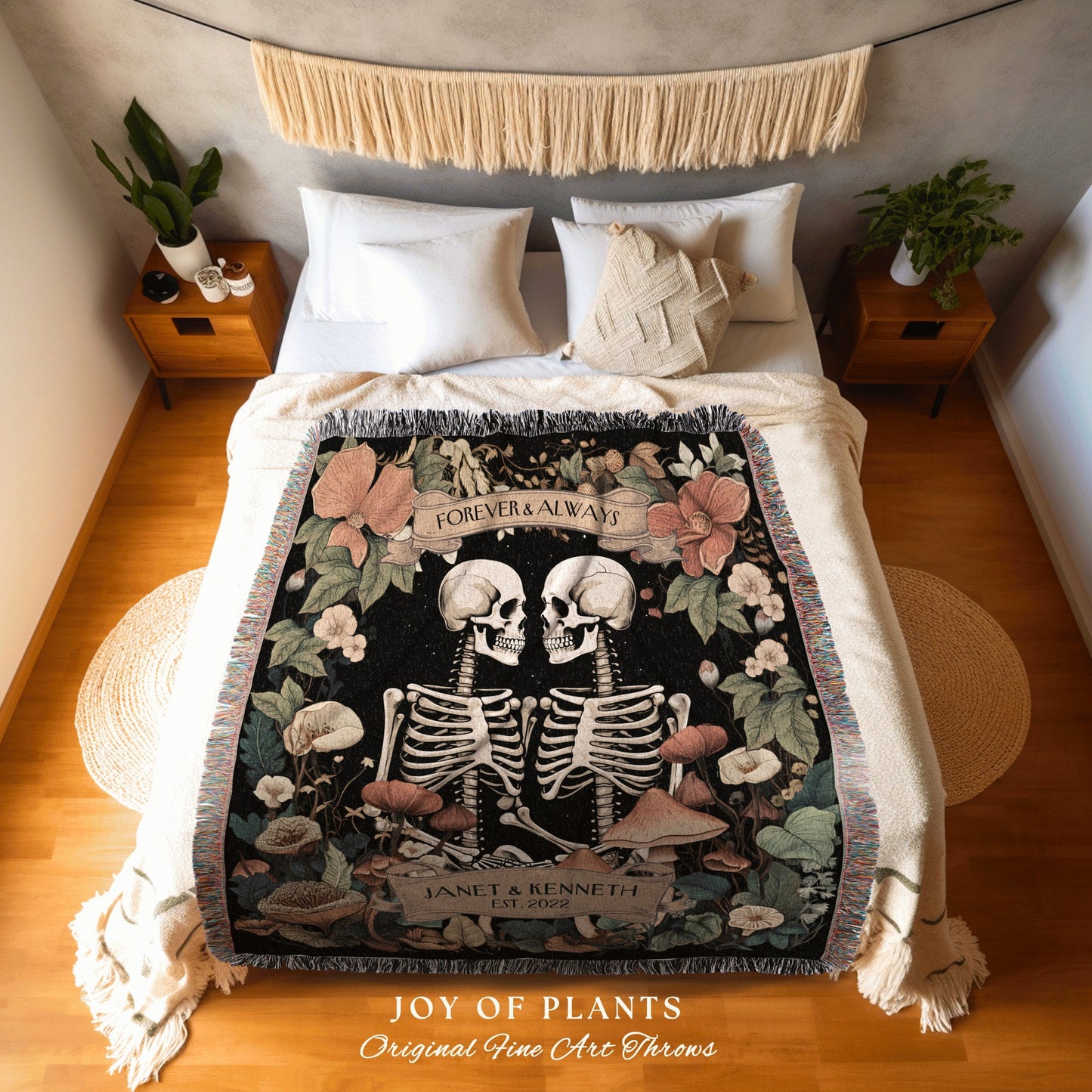 Gothic Botanical Skeleton Couple Picnic Blanket | Meaningful Anniversary Blanket Skeleton Lover Custom Gift for Girlfriend Personalized |