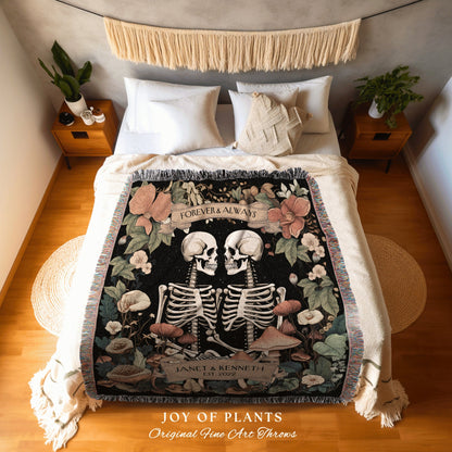 Gothic Botanical Skeleton Couple Picnic Blanket | Meaningful Anniversary Blanket Skeleton Lover Custom Gift for Girlfriend Personalized |