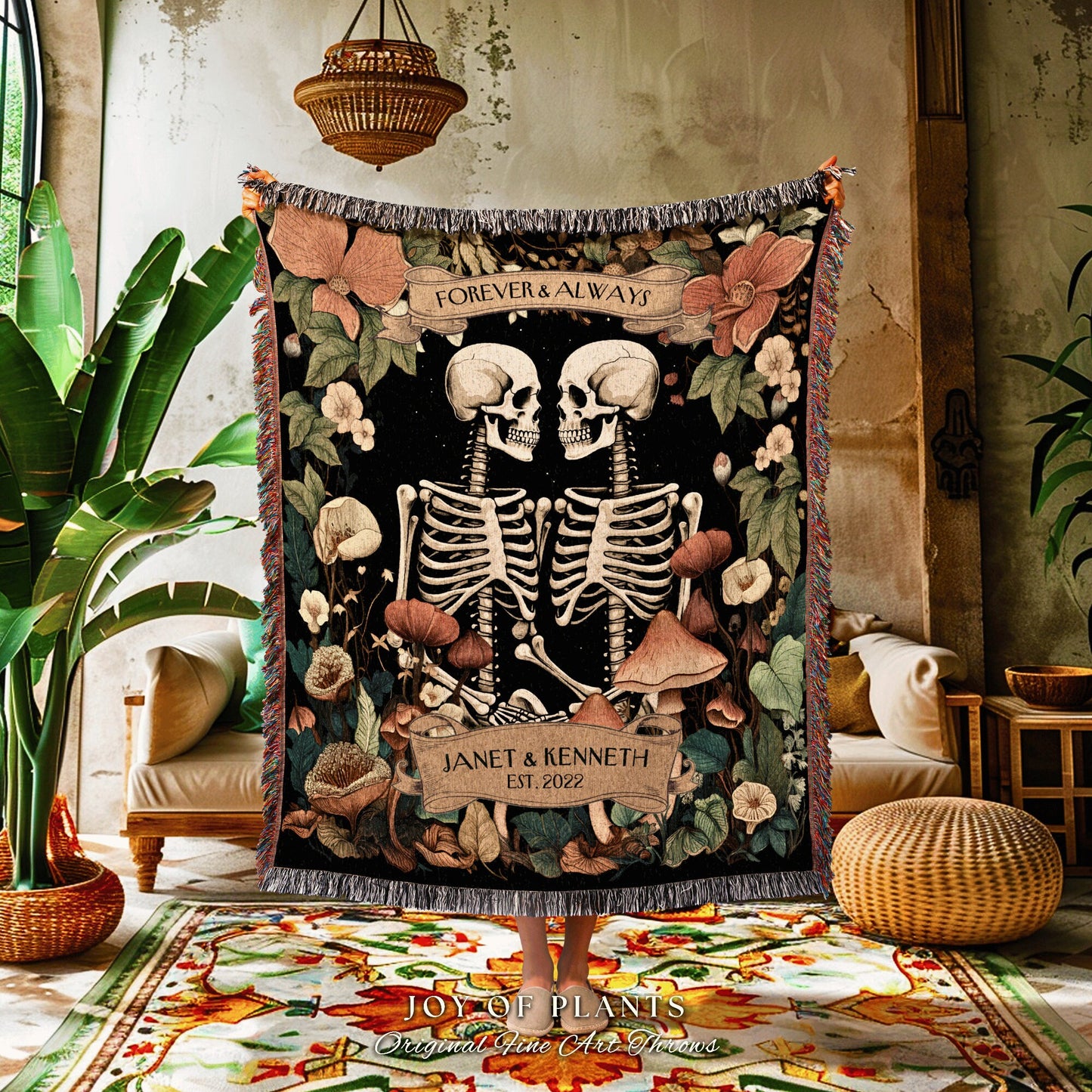 Gothic Botanical Skeleton Couple Picnic Blanket | Meaningful Anniversary Blanket Skeleton Lover Custom Gift for Girlfriend Personalized |