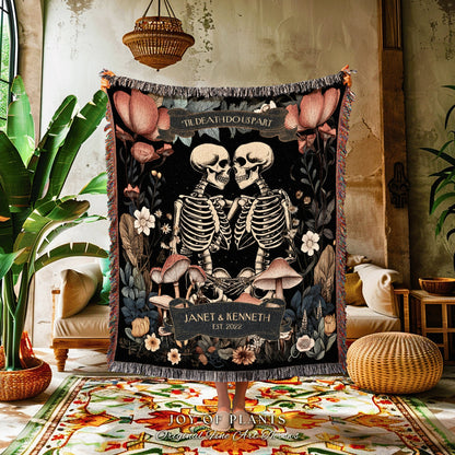 Dark Floral Skeleton Lovers Woven Cotton Throw | Sentimental Anniversary Tapestry Blanket Botanical Skeleton Lover Gift Personalized Couple