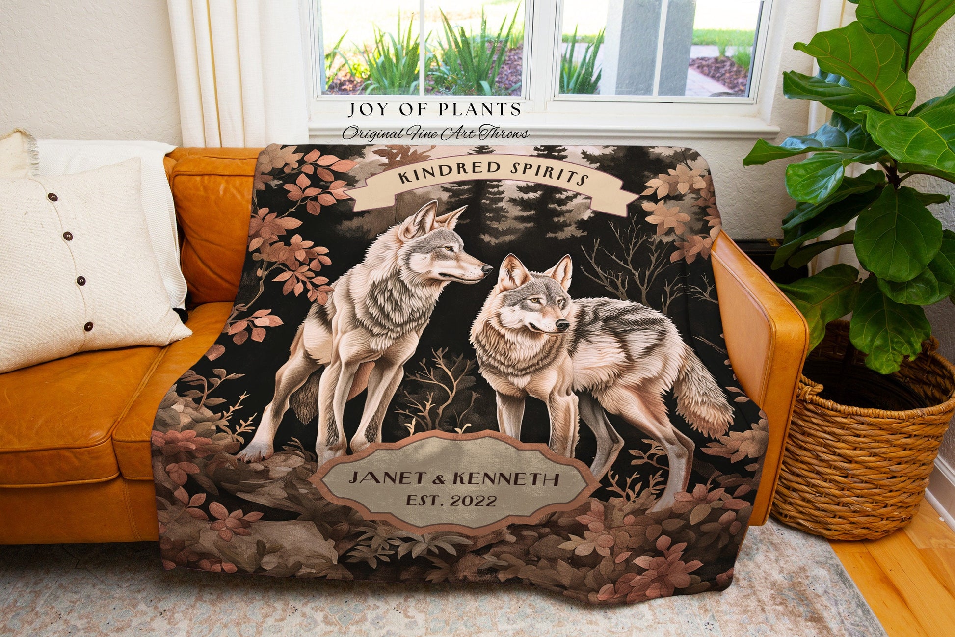 Forest Spirits Personalized Throw Blanket | Anniversary Gift His & Hers Wolf Tapestry Cottagecore Wedding Unique Couple Gift for Boyfriend |