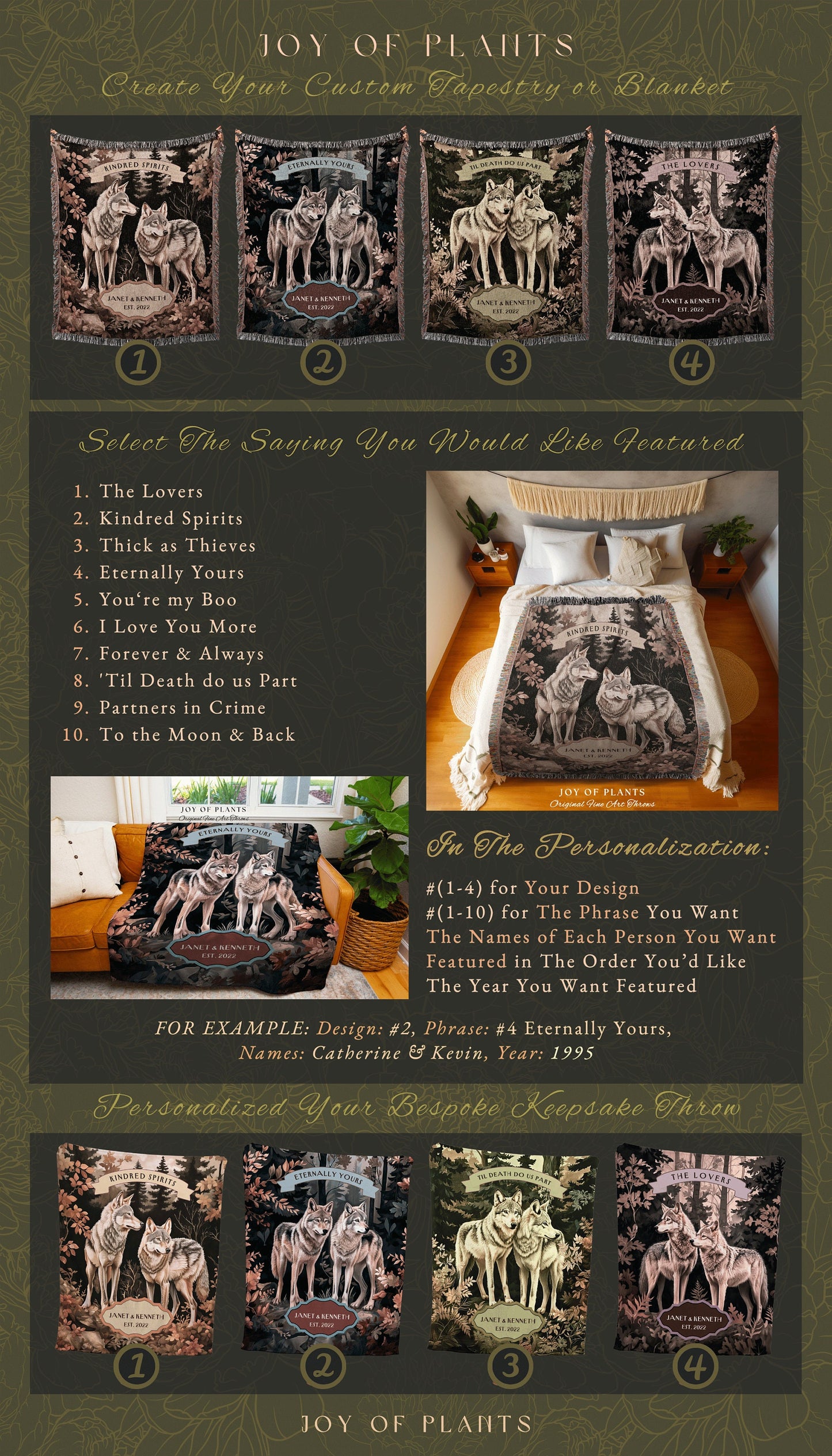 Woven Tapestry Personalized Couple Gift | Romantic Couple Gift Ideas Custom Blanket Wedding Unique Dark Woodland Ethereal Wolf Lover Throw |