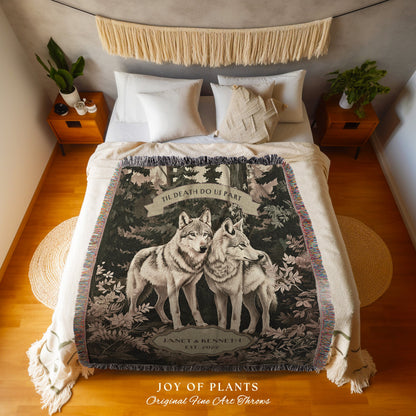 Woven Tapestry Personalized Couple Gift | Romantic Couple Gift Ideas Custom Blanket Wedding Unique Dark Woodland Ethereal Wolf Lover Throw |