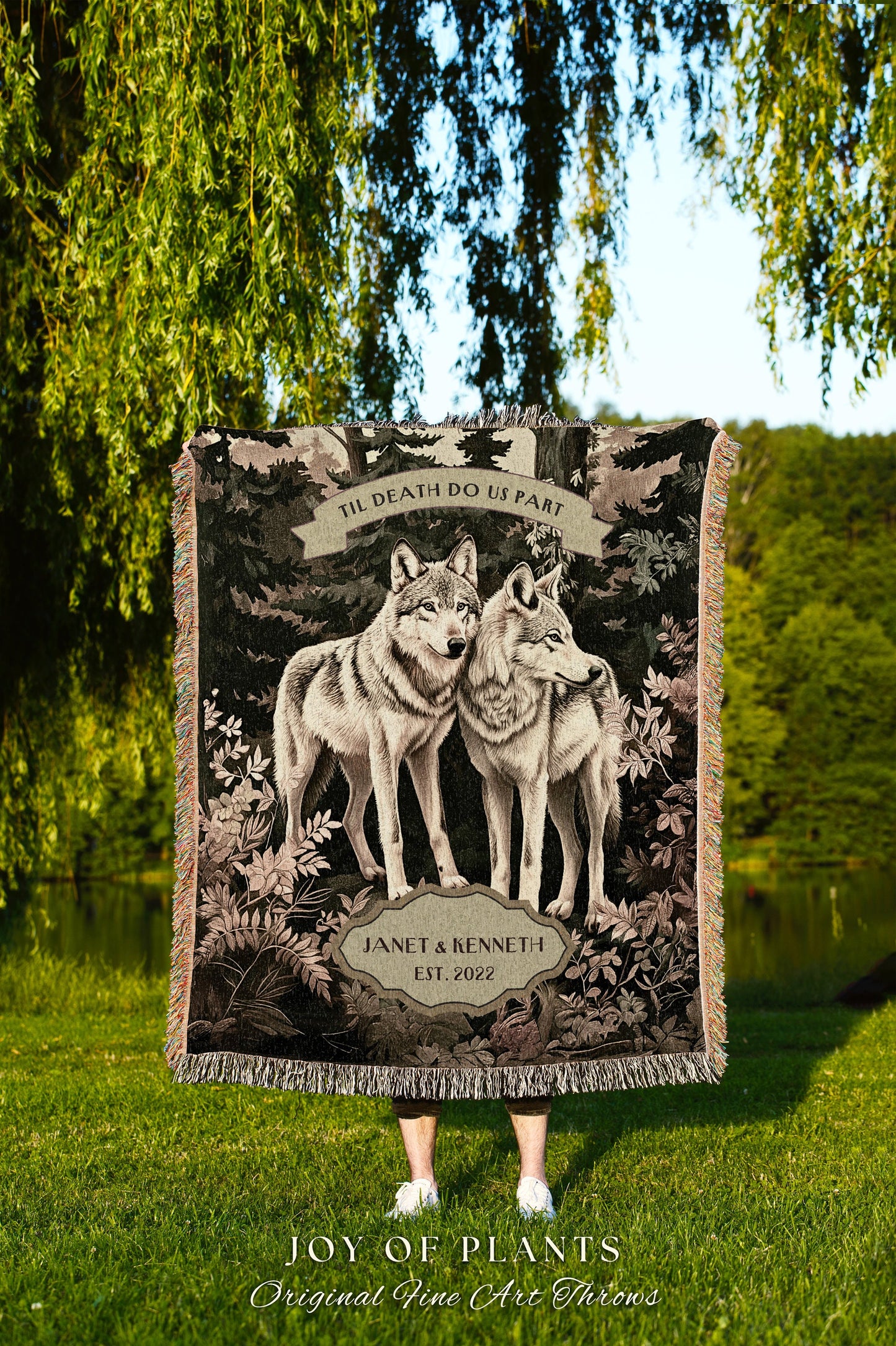 Woven Tapestry Personalized Couple Gift | Romantic Couple Gift Ideas Custom Blanket Wedding Unique Dark Woodland Ethereal Wolf Lover Throw |