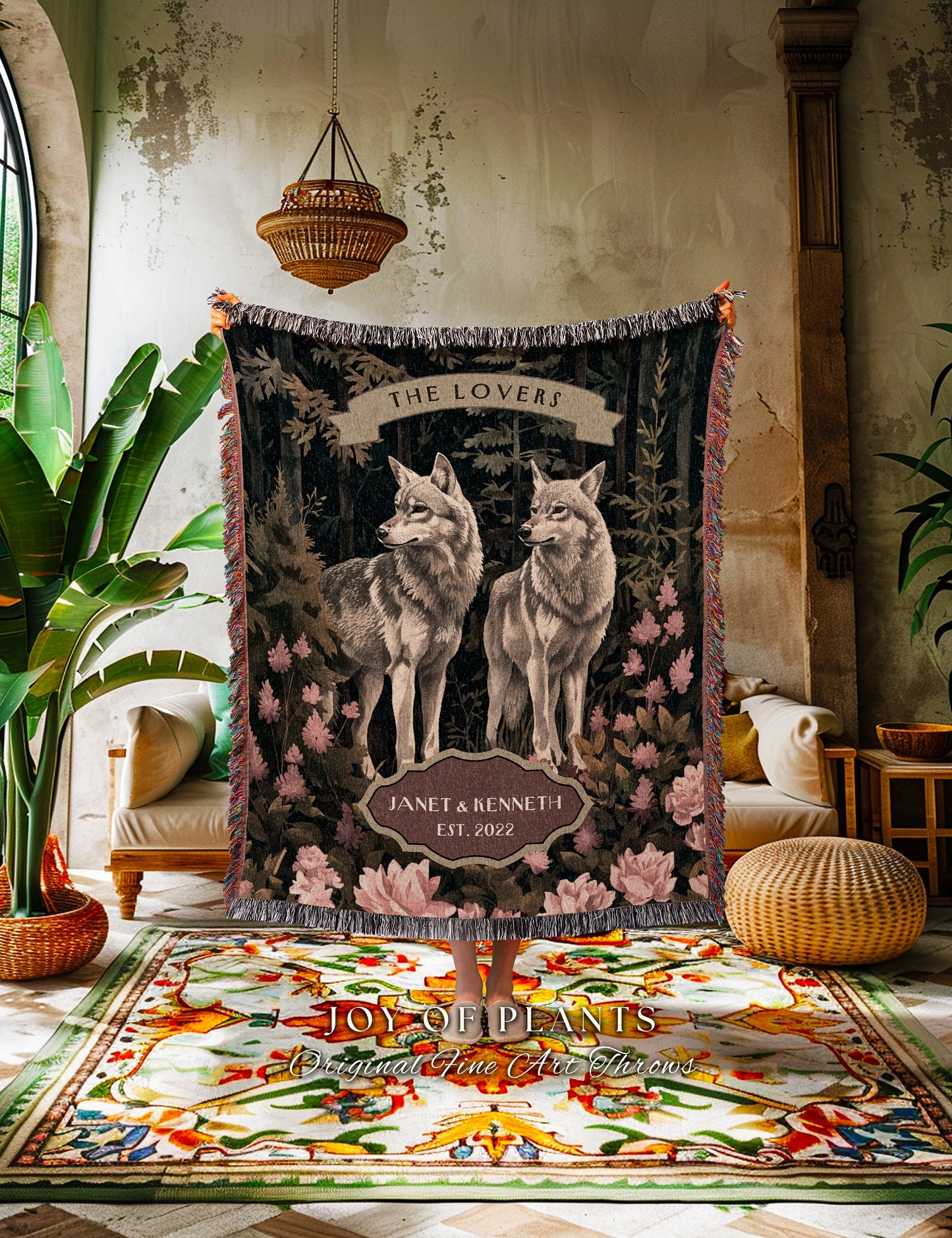 His & Hers Wolf Couple Woodland Blanket | Cottagecore Wedding Anniversary Gift Mr and Mrs Tapestry Unique Couple Gift for Boyfriend Woven |