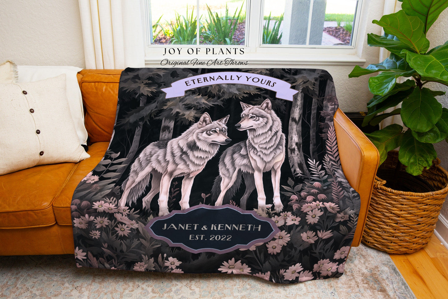 Woodland Wolf Couple Throw Blanket | Gothic Wolf Aesthetic Personalized Woven Tapestry Wedding Unique Gift Idea for Girlfriend Thoughtful |