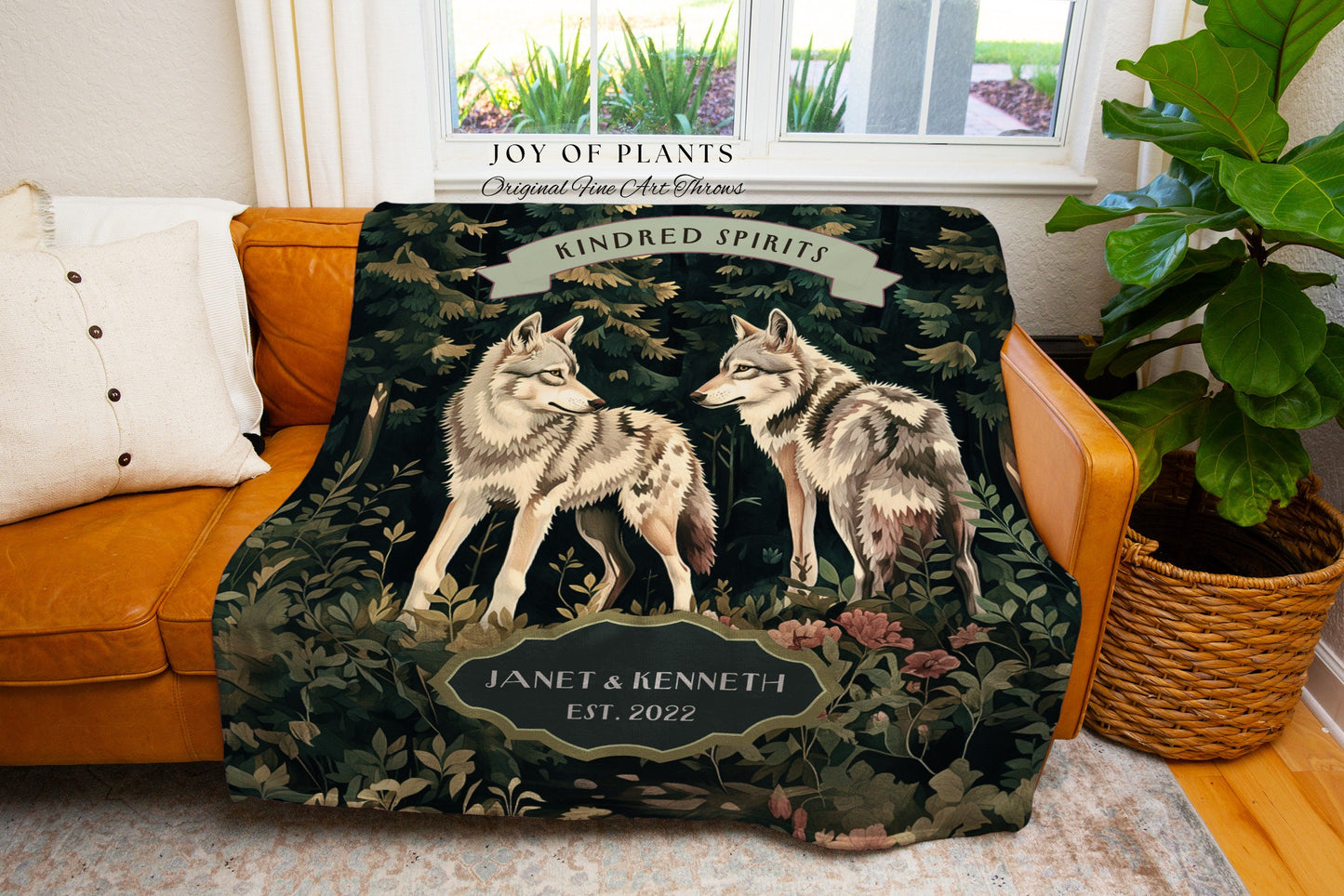 Forestcore Wolf Lovers Personalized Throw | Romantic Couple Gift Ideas Custom Woven Blanket Ethereal Woodland Wedding Unique Couple Tapestry