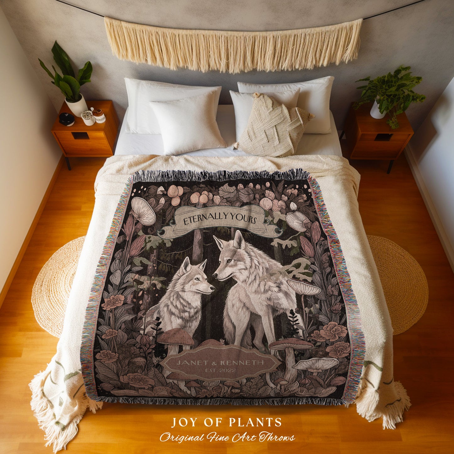 Folklore Mystic Wolf Couple Throw Blanket | Cottagecore Dating Anniversary Gift Mr and Mrs Tapestry Unique Cute Couple Gift for Boyfriend |