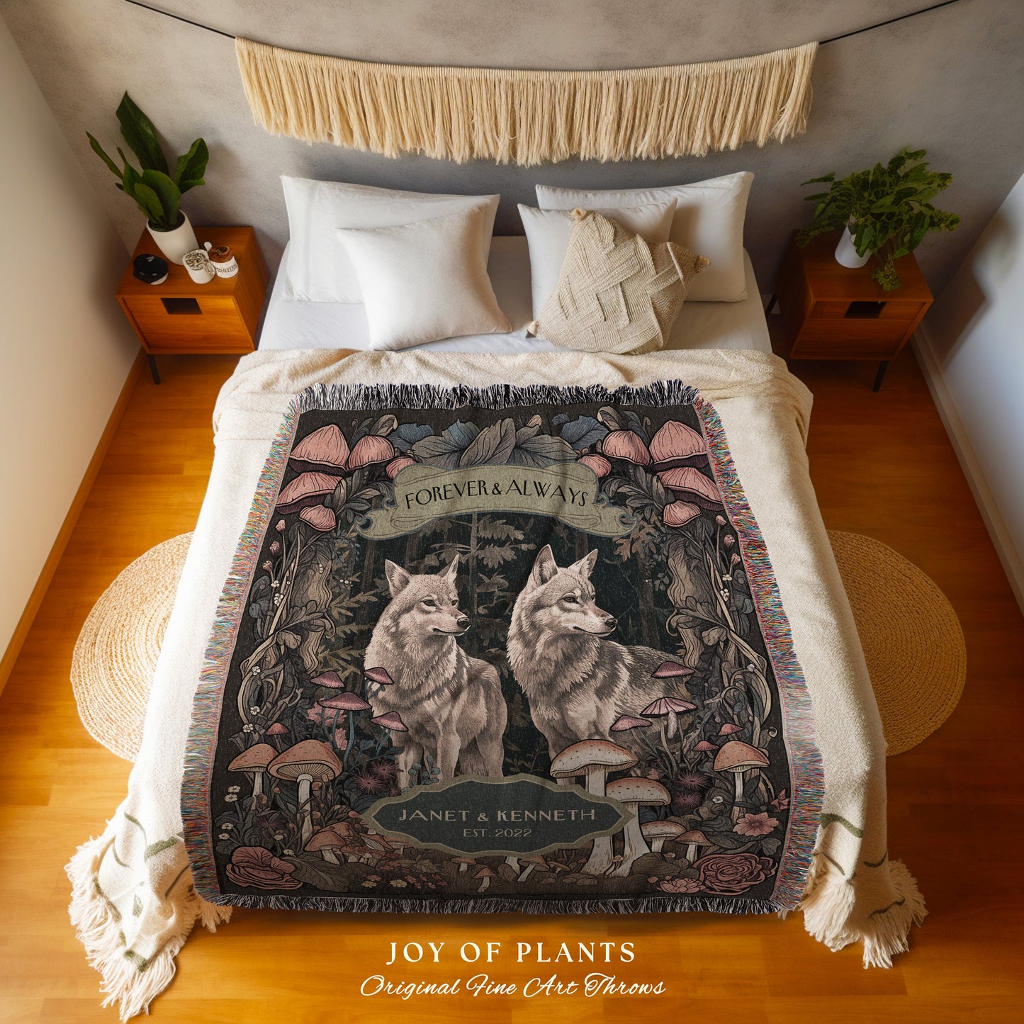 Mystic Woods Custom Wolf Couple Blanket | Woodland Wedding Anniversary Gift His & Hers Wolf Tapestry Unique Couple Gift for Boyfriend Cute |