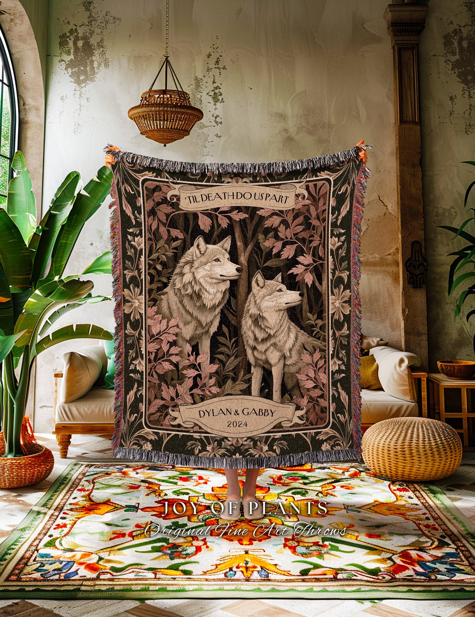 Boyfriend & Girlfriend Personalized Wolf Tapestry | Custom Dating Anniversary Mr and Mrs Unique Cute Couple Woven Blanket Sentimental Gift |