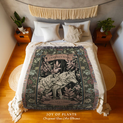 Ethereal Woodland Wolf Couple Custom Throw | Romantic Couple Gift Ideas Custom Woven Blanket Wedding Unique Couple Tapestry Dark Cottagecore