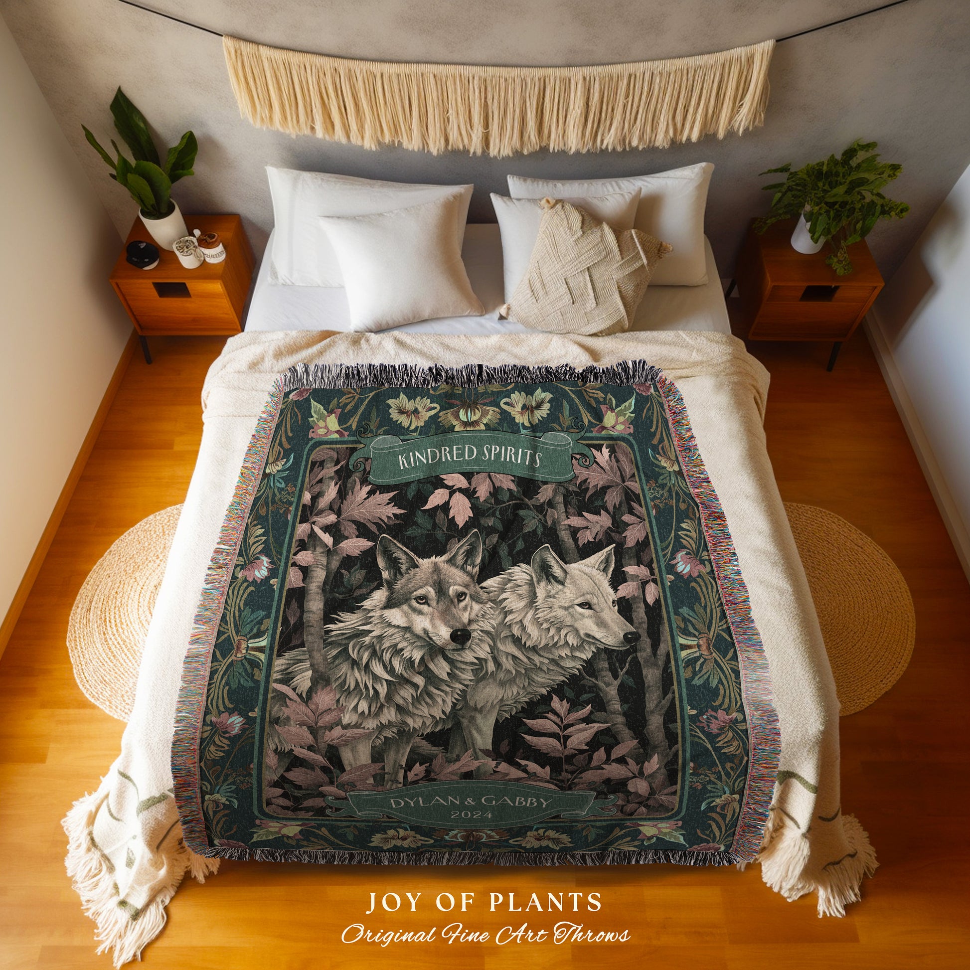 Custom Names Wolf Couple Blanket | Victorian Gothic Aesthetic Personalized Woven Blanket Wedding Unique Gift Idea for Boyfriend Tapestry |