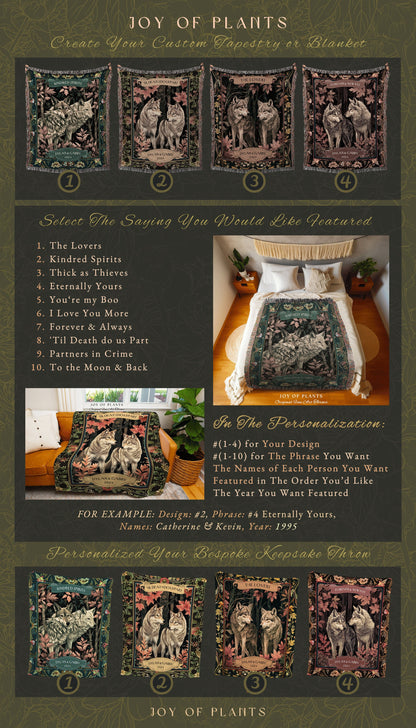 Couples Cotton Blanket Personalized 'The Lovers' | Dating Anniversary Gift His & Hers Wolf Tapestry Woodland Wedding Unique Couple Gift Idea